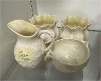 Four Belleek Ireland Pottery Vases, Pitcher, Bowl