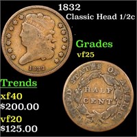 1832 Classic Head half cent 1/2c Grades vf+