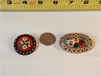 2 vtg Italian Micro Mosaic pins (1 is missing pin)