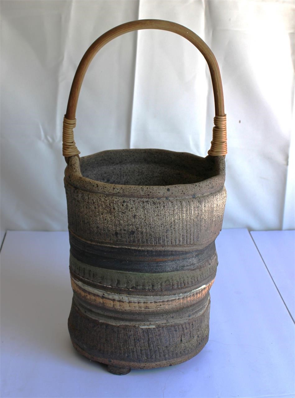 Stoneware Pottery Basket  Signed 19" T 9" R