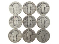 9 Standing Liberty Silver Quarters, US Coins