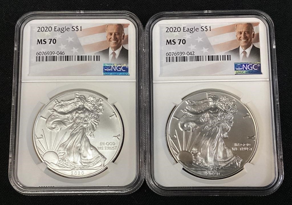 (2) 2020 SILVER AMERICAN EAGLES, GRADED MS70, NGC