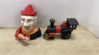 Cast iron clown bank and steam engine