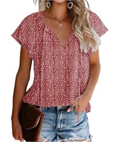 C295  Fantaslook Floral V-Neck Ruffle Top, Short S