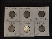Lot of 6 V-Nickels: 2- 1906, 1910, 1911, & 2- 1912