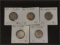 Lot of 5 V-Nickels: 1897, 2- 1901, & 2- 1905