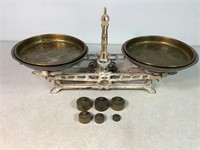 Vintage Balance Scale W/Weights & Brass Trays,