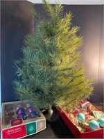 3 ft Christmas tree & vintage ornament lot