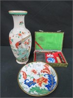 ORIENTAL PORCELAIN VASE, PLATE & BRUSH SET