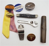 (U) vtg. Illinois Button, Pocket Knife, Whistle,