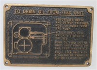 Bronze/brass Oil Drain plaque. Measures: 3.5" H x