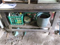 WOOD WORK BENCH WITH CONTENTS GARDENING SUPPLIES