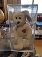 TY beanie baby white bear with red heart in case