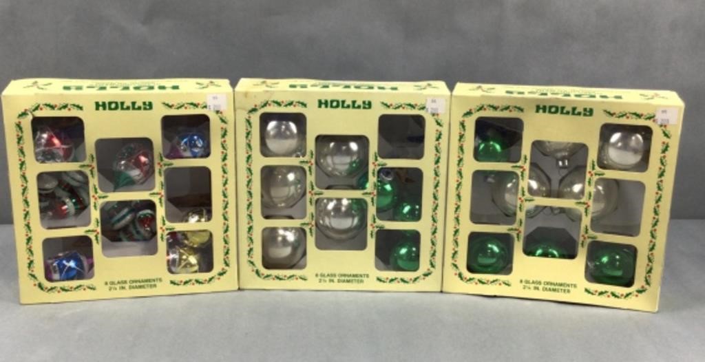 3 boxes of holly glass ornaments