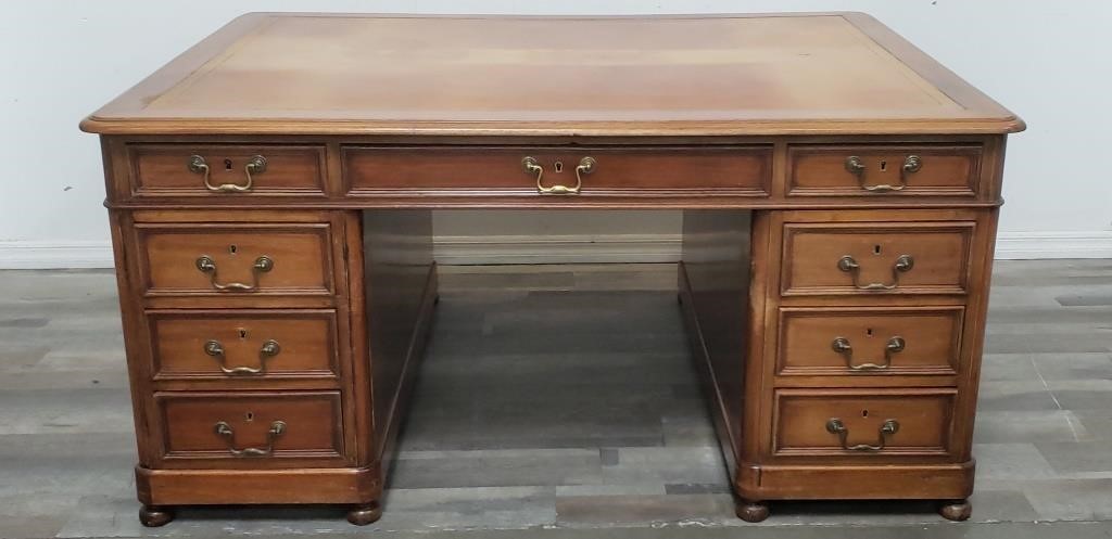 3-piece  antique leather-top partner's desk