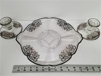 Silver On Glass Serving Plate/Candle Holders