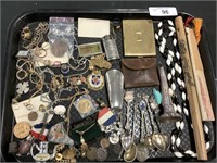 Costume jewelry, tokens, foreign coins, spoons.
