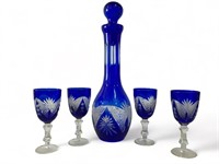 Cobalt Blue Cut to Clear Decanter & Glasses