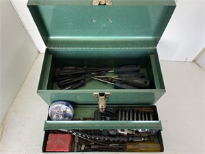 Green toolbox w/ screwdrivers, bits, misc