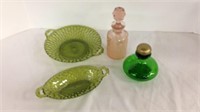 Green glass small  serving dishes and bottles