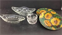 Glass candy dishes and sunflower plates