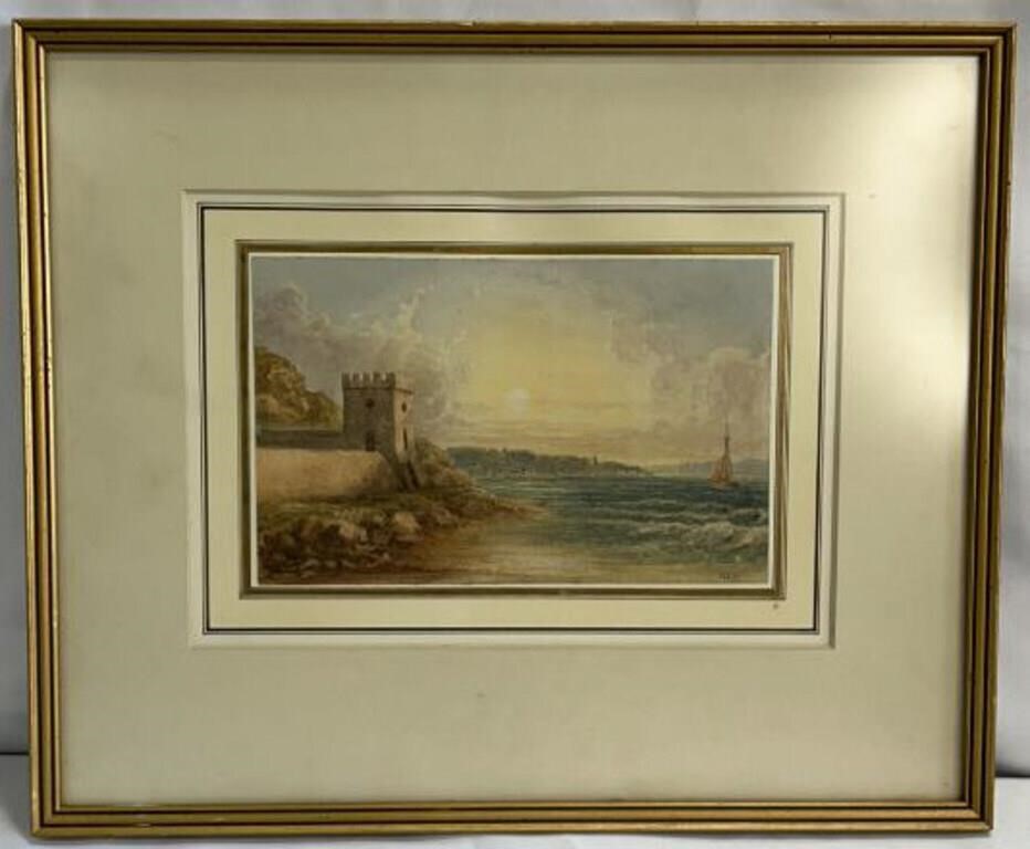 Antique 19th Ce Castle On The Sea Watercolor