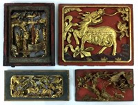 (4) Asian Hand Carved Wood Decor Panels