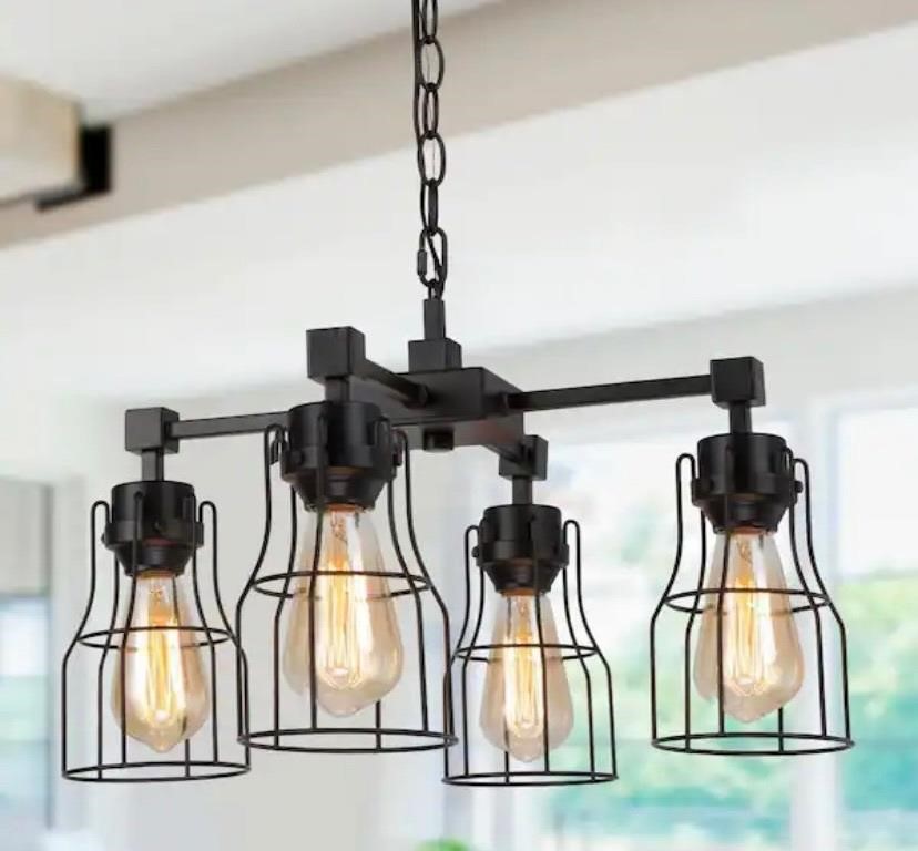 4-Light Matte Black Industrial Chandelier