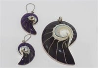 Silver and purple shell pendant &earring set