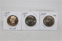 (3) Kennedy Half Dollars 1974 P,D BU and S Proof