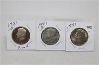 (3) Kennedy Half Dollars 1981 P,D BU and S Proof