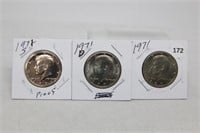 (3) Kennedy Half Dollars 1971 P,D BU and S Proof