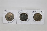(3) Kennedy Half Dollars 1977 P,D BU and S Proof