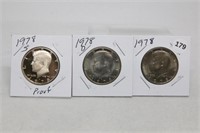 (3) Kennedy Half Dollars 1978 P,D BU and S Proof