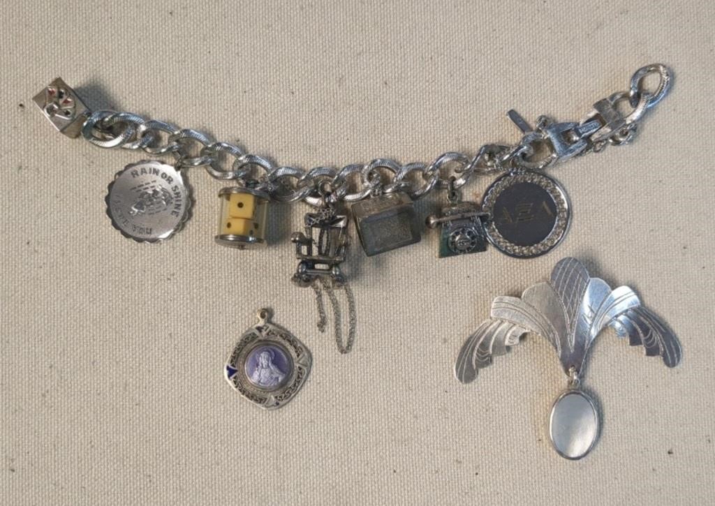 Sterling Silver Jewelry Charm Bracelet; Brooch