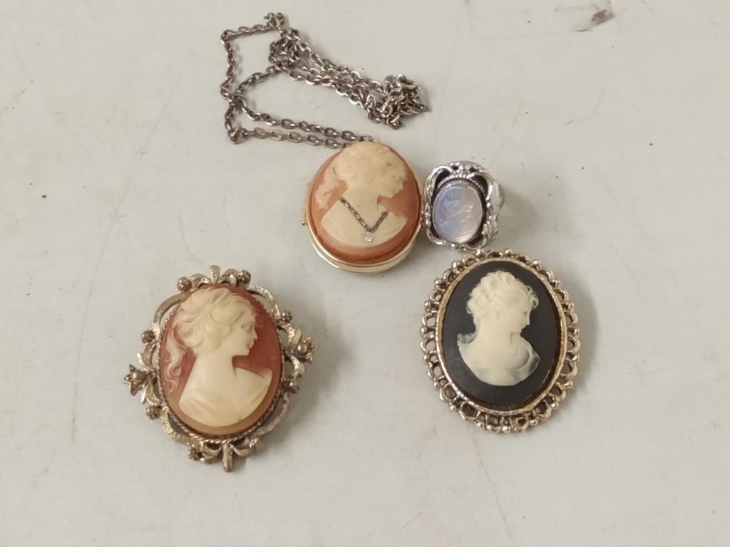 2 vtg Cameo pins,locket & ring