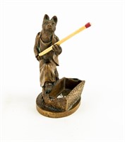 Bronze Standing Fox & Basket Figural Match Holder