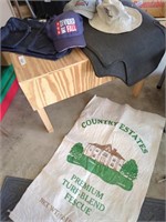 Wood Bench, Hats, floor mats & seed sack