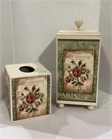 Bathroom accessory set includes a tissue box