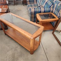 Oak Glass Top Sofa Table & Matching End Table