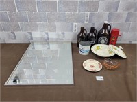 Vintage ash tray, orange glass, bottles, mirror