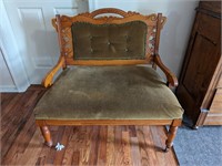 Antique Maple Settee w/ Crushed Green Velvet