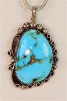 Indian Sterling Turquoise Pendant Signed & Chain