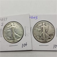 1937 S & 1943 D WALKING LIBERTY HALF DOLLARS