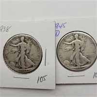 1938 & 1945 D WALKING LIBERTY HALF DOLLARS