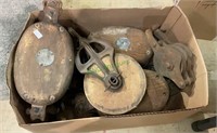 Antique wood block pulleys - lot of four with one