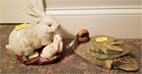 CERAMIC BUNNY RABBIT FIGURINE AND CERAMIC DUCK