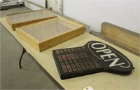 OPEN Lighted Sign & (2) Wood Shadow Boxes, Unknown