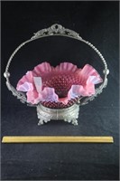 Cranberry Opalescent Victorian Wedding Basket