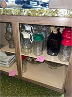 1 shelf of VTG glass canisters & syrup